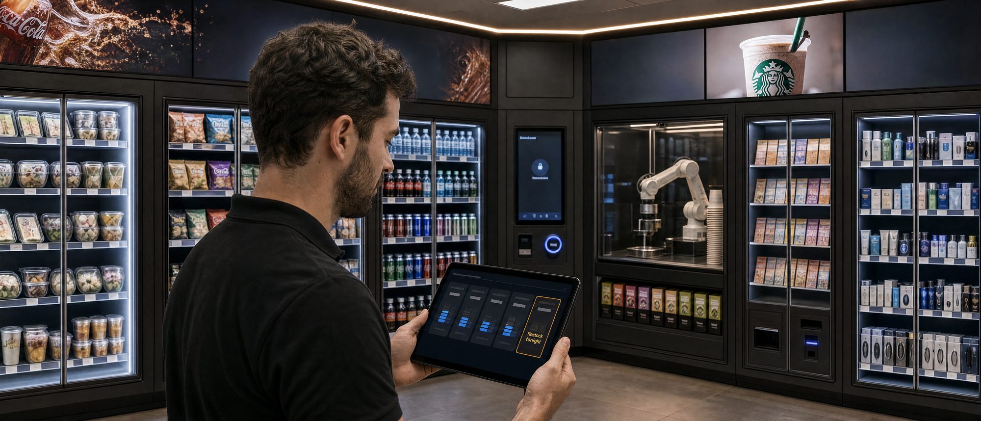 A Clerk team member checking a module from a tablet inside a gas station