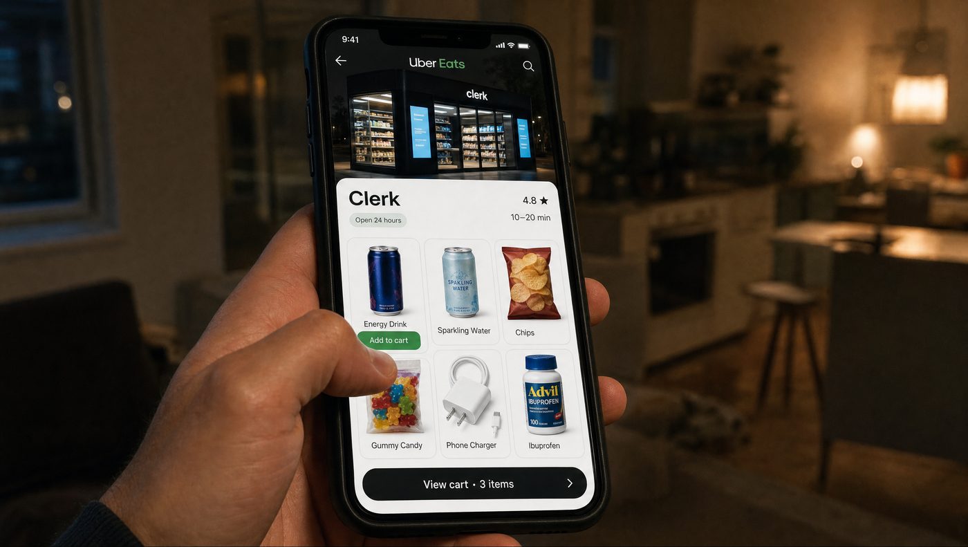 Ordering from a Clerk store on a phone inside a gas station